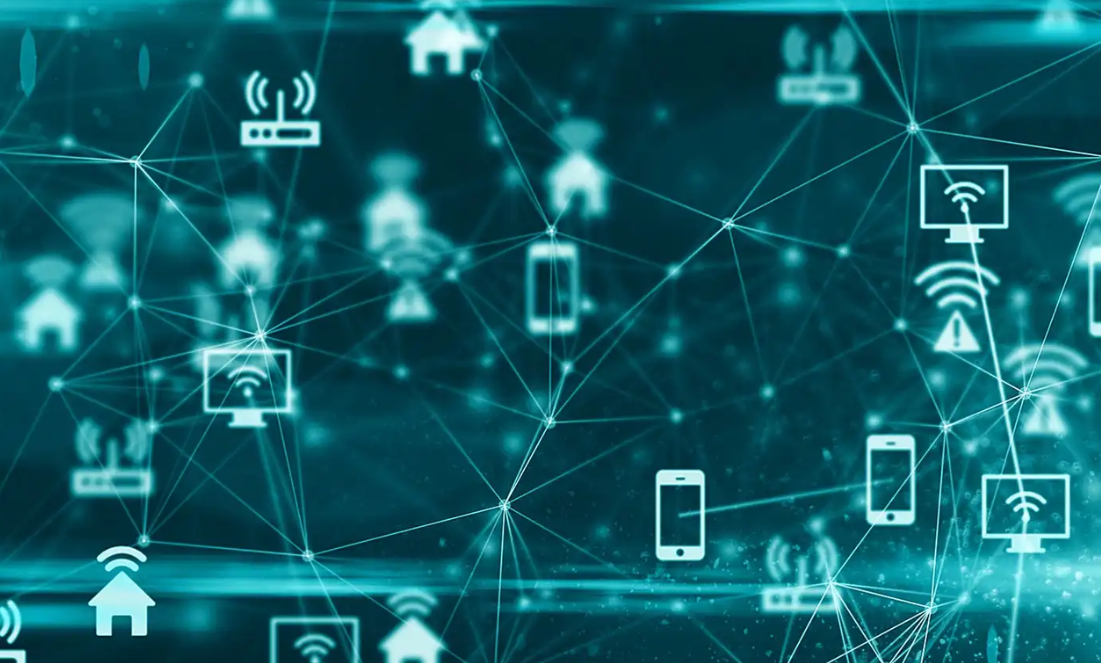 A digital network visualization with icons of routers, smartphones, and houses connected by lines, representing wireless communication and internet connectivity.