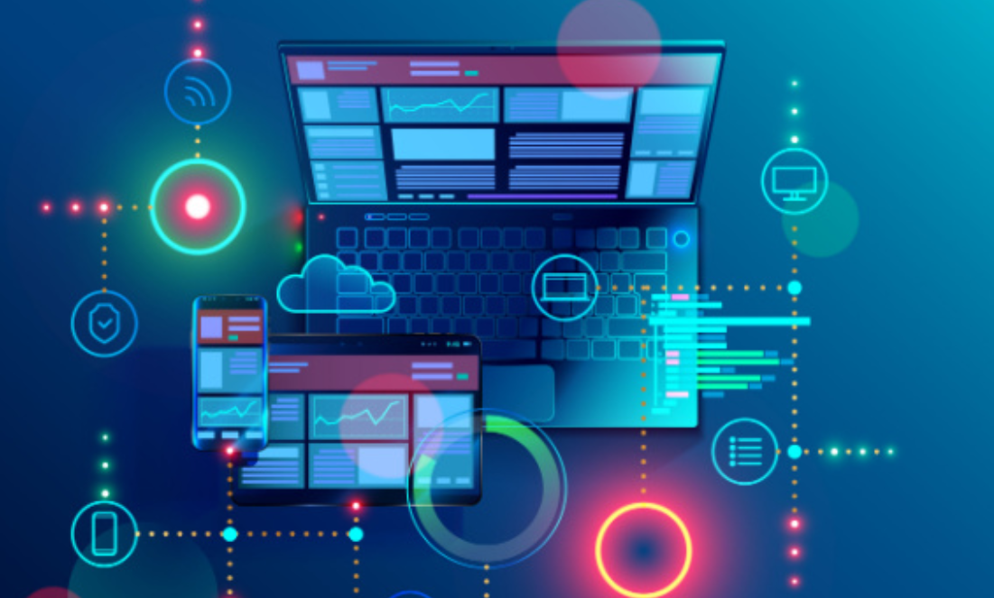 A colorful digital illustration of a laptop, tablet, and smartphone displaying data, surrounded by glowing tech icons and network connections on a blue background.