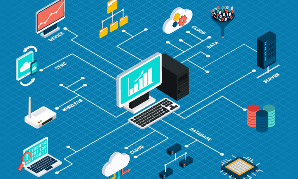 Illustration of computer network showing a central desktop connected to various devices, cloud storage, databases, and servers, depicting data flow and connectivity.