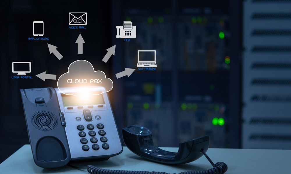 Office phone with a diagram showing connections to cloud PBX services like applications, voicemail, FAX, user portal, and softphone in a data center environment.