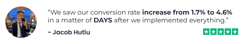 Testimonial highlighting a conversion rate increase from 1.7% to 4.6% in days, attributed to implemented changes, with a five-star rating by Jacob Hutiu.