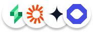 Four logos are displayed: a green geometric shape, an orange sunburst, a black star, and a blue hexagon with a white eye-like shape.