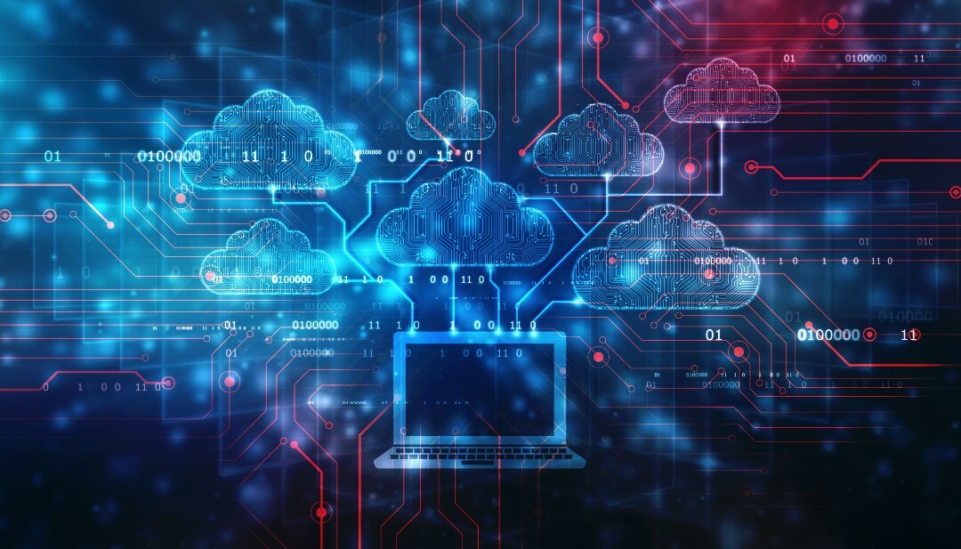 Illustration of digital clouds connected to a laptop by circuitry lines, symbolizing cloud computing and data flow.