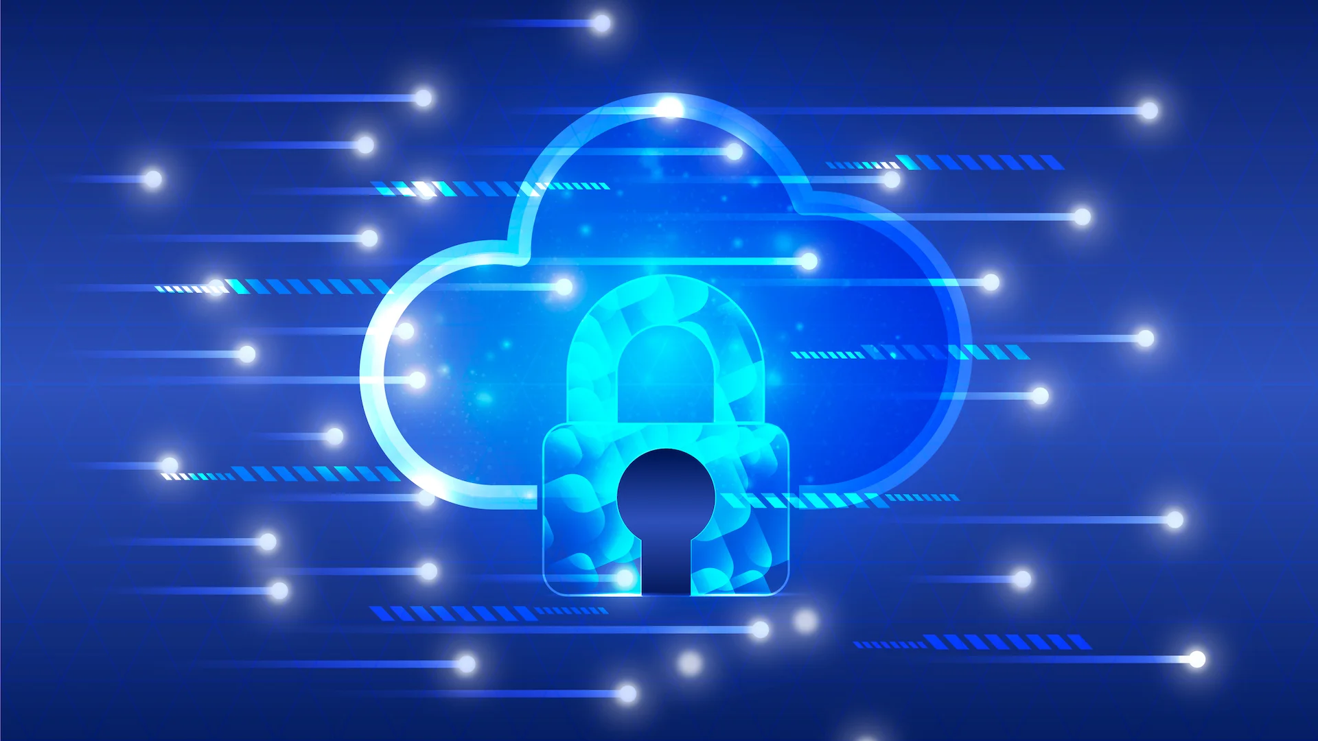 A digital cloud with a lock symbol in front, surrounded by streaming data lines on a blue background, representing cloud security.