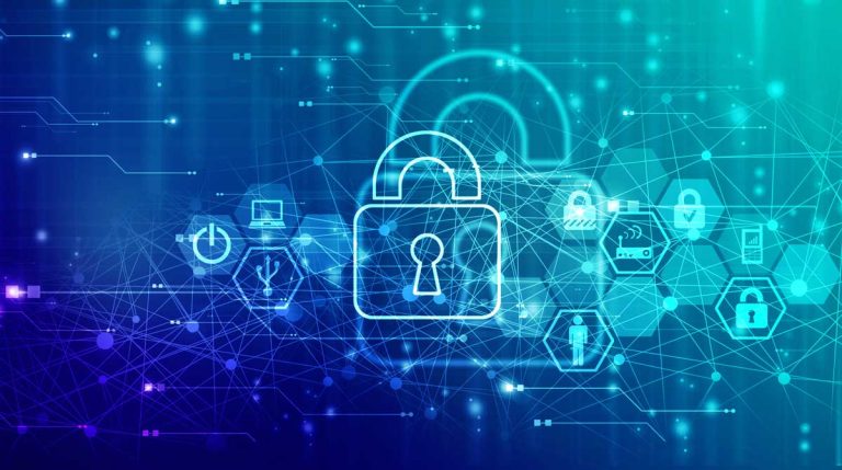 A digital padlock icon emerges on a vibrant blue and green background, interwoven with abstract network connections and technological symbols, symbolizing the secure gateway to your new data and backup page.