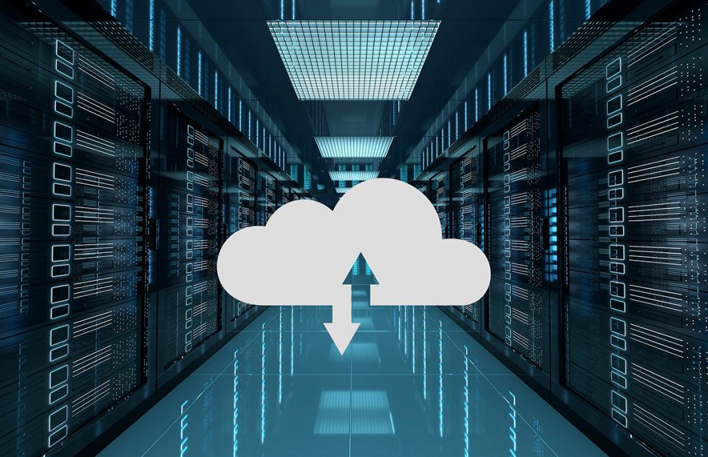 A cloud icon with arrows is overlaid on an image of a sleek new data center aisle, featuring lit racks and blue lighting, symbolizing the innovative backup page's robust capabilities.