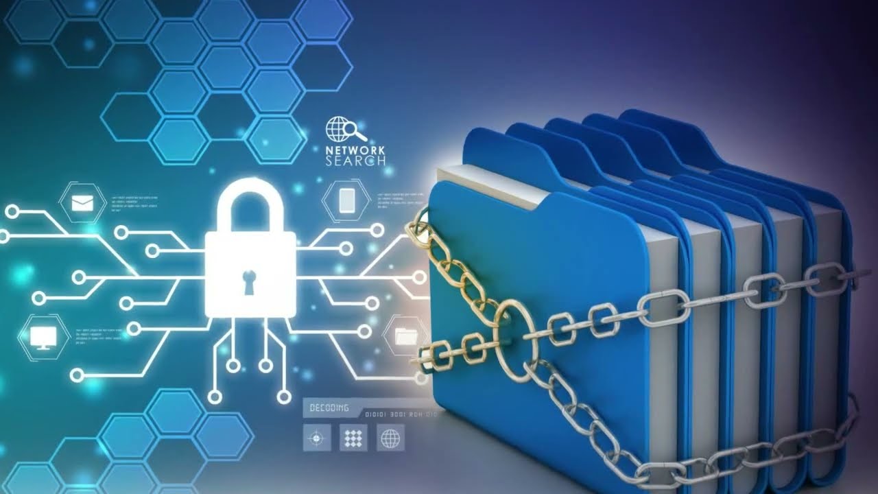 A digital padlock symbol with circuit connections is beside a series of blue file folders wrapped in chains, representing data protection and cybersecurity.