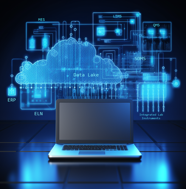 A laptop in front of a digital illustration showing a cloud labeled "Data Lake" with connections to systems like ERP, ELN, MES, LIM, QMS, SDMS, and integrated lab instruments.