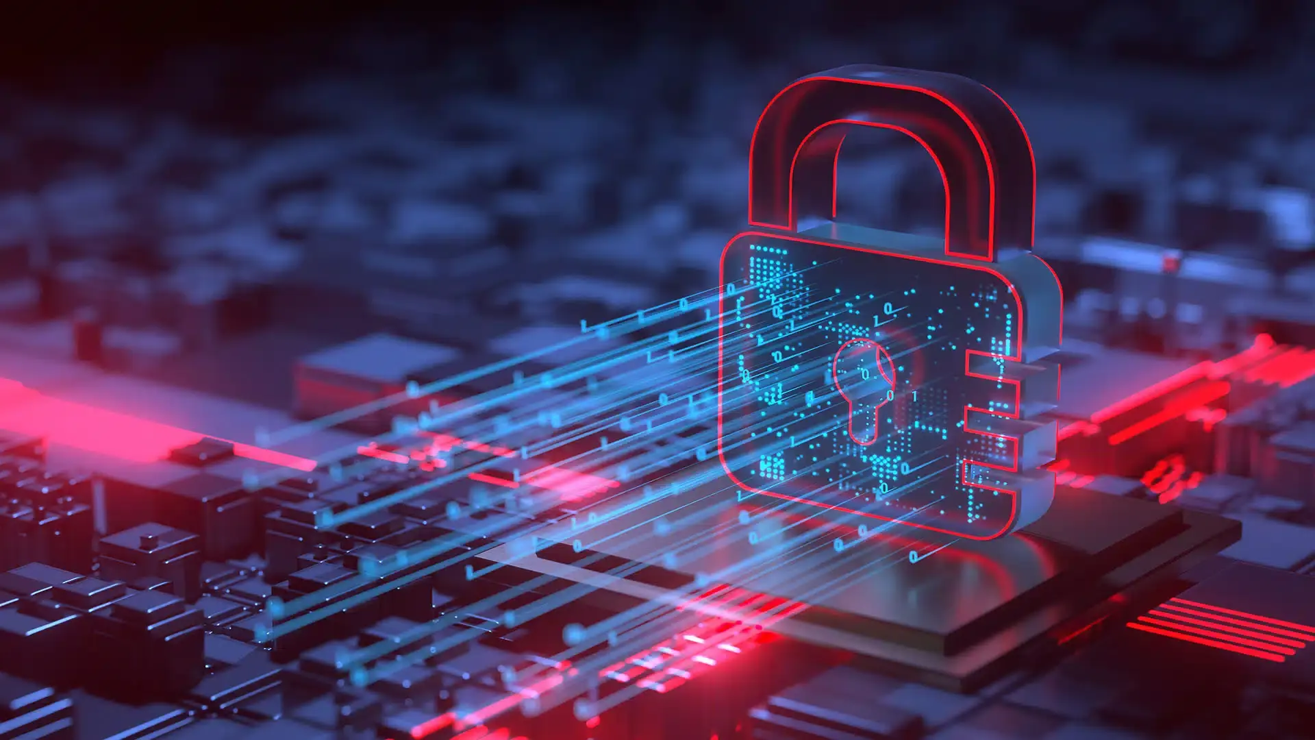 A digital padlock with glowing lines represents cyber security over a circuit board.