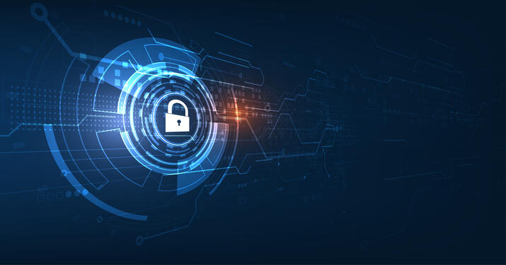 A digital graphic of a padlock icon is seamlessly integrated within a circular interface on a blue, tech-themed background, symbolizing the security features of your new data and backup page.