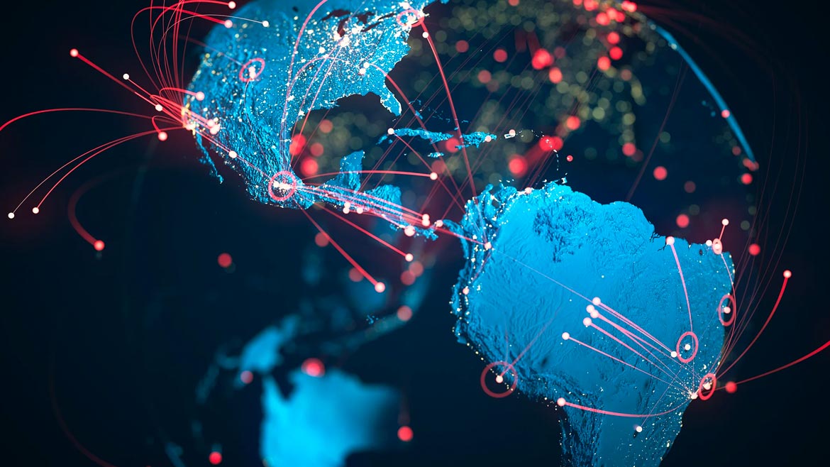 A digital illustration of Earth highlighting global connectivity with red lines and nodes across continents, emphasizing communication and data transfer.