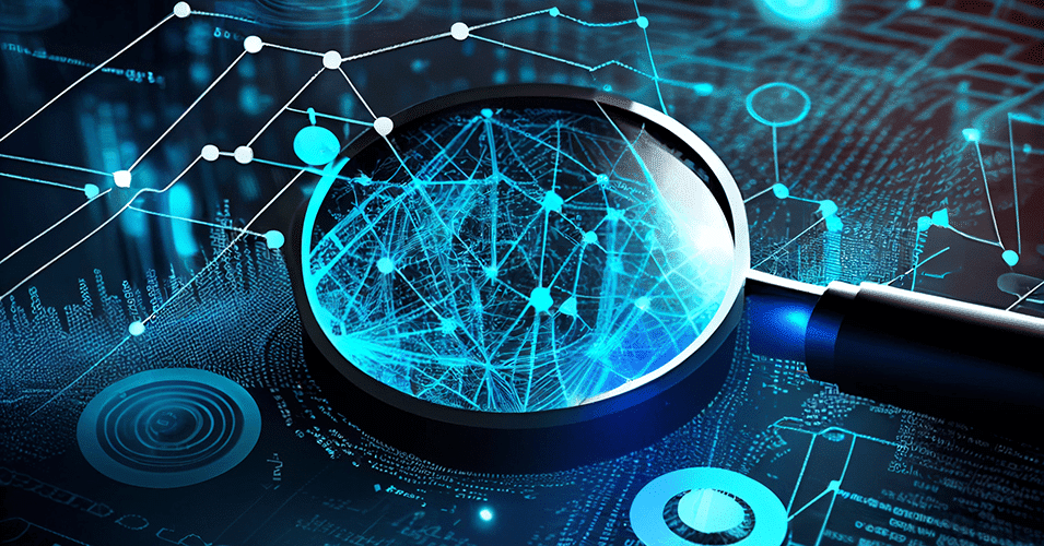 A digital representation of a magnifying glass over a network of interconnected blue lines and nodes on a circuit board background.