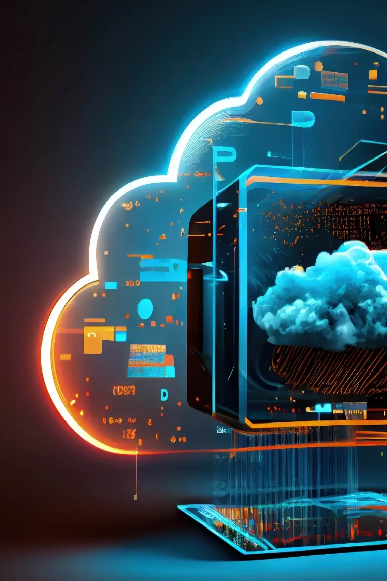 A digital illustration of a glowing cloud shape with electronic circuit patterns and a smaller cloud inside, representing cloud computing technology.