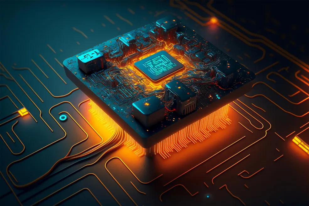 A glowing, futuristic microchip with intricate circuits and orange-blue lighting, set on a dark, illuminated circuit board.