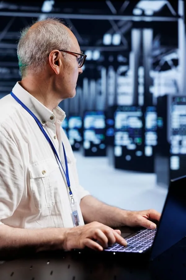 A person in a white shirt and ID badge uses a laptop in front of a server room.