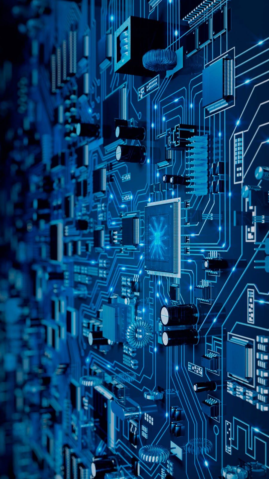 Close-up of a blue circuit board with various electronic components, including capacitors and integrated circuits, interconnected by thin conductive pathways.