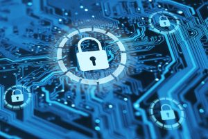 A digital illustration of a circuit board with padlock icons, symbolizing cybersecurity and data protection.