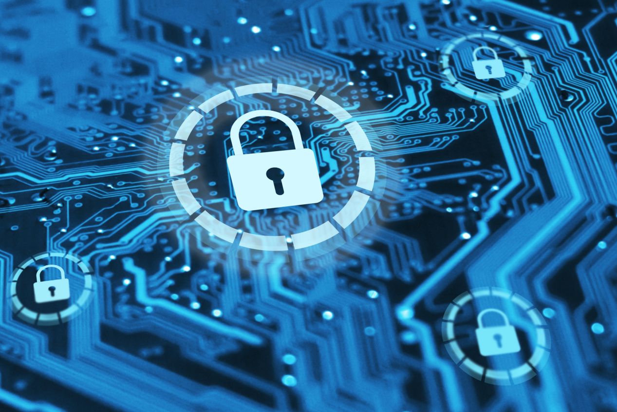 A digital illustration of a circuit board with padlock icons, symbolizing cybersecurity and data protection.