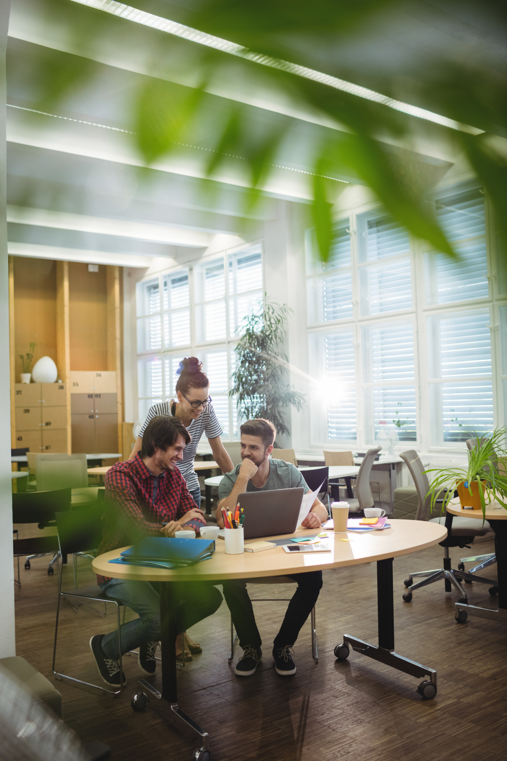 Three people collaborate at a round table in a modern office in Grand Junction, surrounded by large windows and lush green indoor plants.