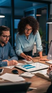 In a dimly lit office in Grand Junction, three professionals huddle over a tablet’s calendar. One points decisively at the screen while another jots down notes, their focused collaboration quietly driving projects forward.
