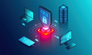 Illustration of a digital security network. Central shield with a lock icon, surrounded by laptops, monitors, and servers, connected by glowing lines on a blue background.