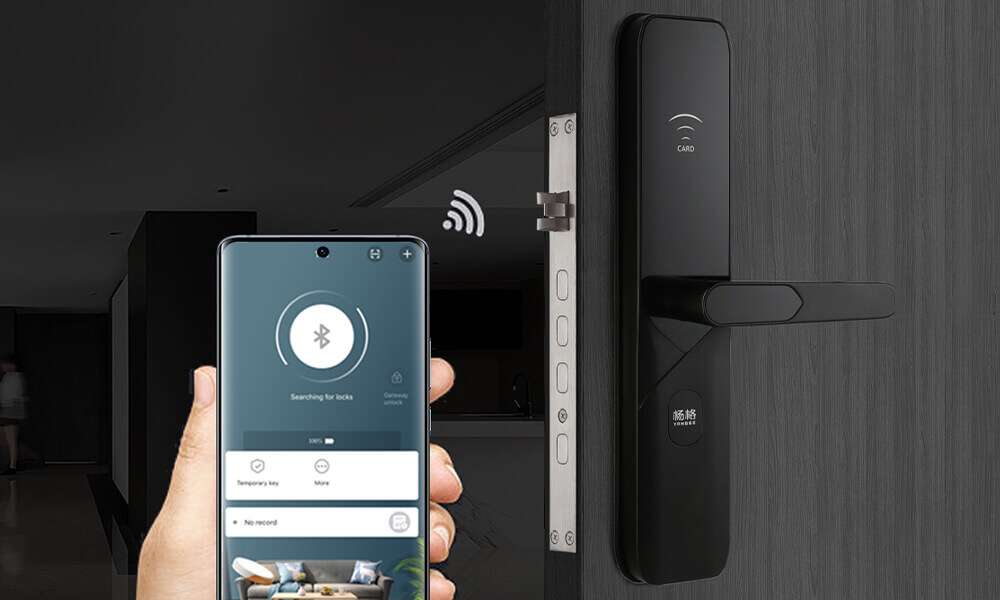 In a dimly lit room, the smartphone seamlessly controls a smart door lock with a touchscreen display, complementing an integrated security camera system for enhanced safety.