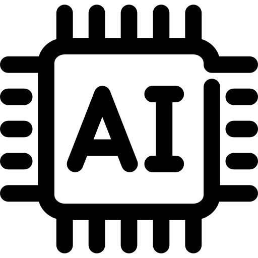 Icon of a computer chip with "AI" in the center, seamlessly integrating security camera systems to symbolize advanced artificial intelligence technology.