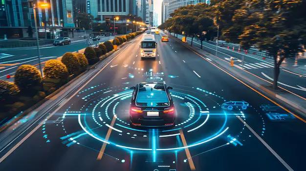 A car drives on a city street, enhanced by digital graphics illustrating autonomous driving technology, while security camera systems ensure safety. The road is lined with trees and buildings, and a bus is seen ahead.