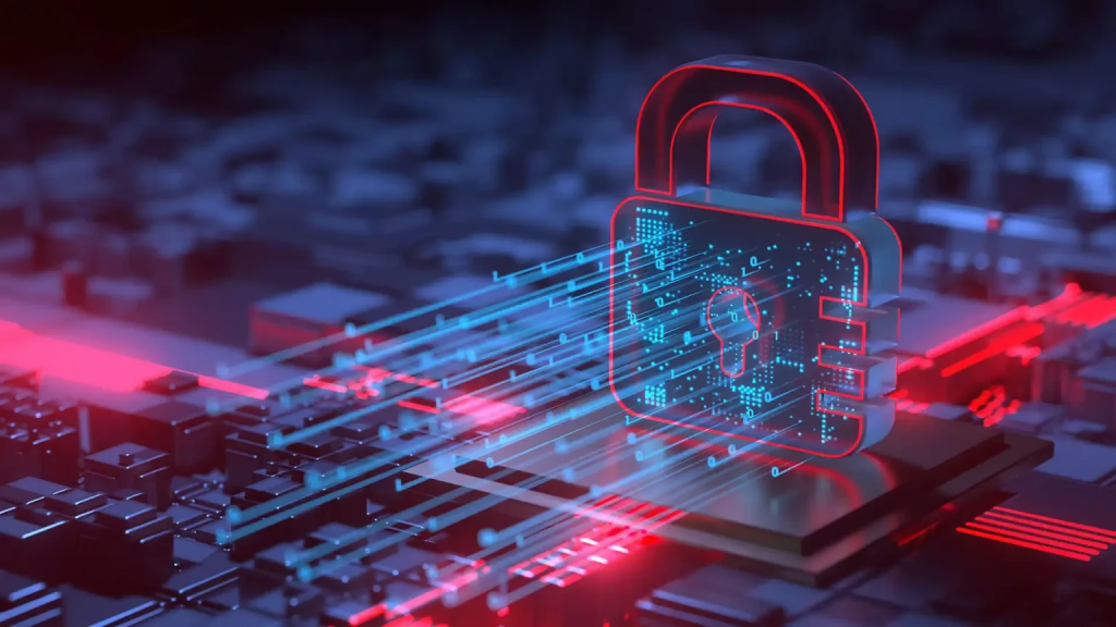 A digital padlock icon with blue and red light effects symbolizes cybersecurity and data protection on a computer chip background.