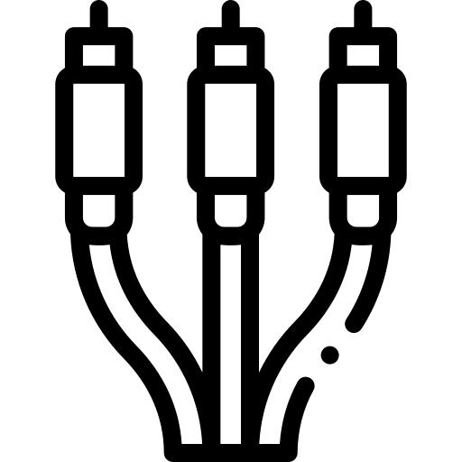 Black and white icon of three RCA connectors with cables, commonly used for audio and video connections in Security Camera Systems.