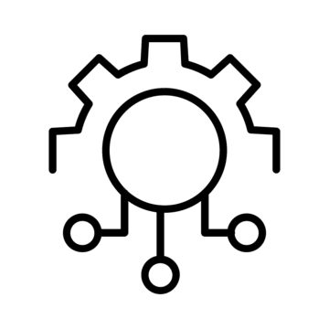 Black outline of a gear with three connected lines ending in circles, symbolizing technology, digital automation, or Security Camera Systems, on a plain white background.