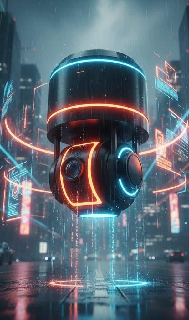 A futuristic surveillance camera drone with glowing neon blue and orange lights hovers in a rainy cityscape filled with digital interface graphics, showcasing security innovations from a trusted Verkada Partner Colorado.