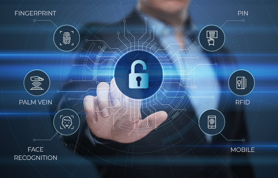 A person touches a digital lock icon on a virtual screen displaying biometric and security authentication methods like fingerprint, face recognition, and pin.
