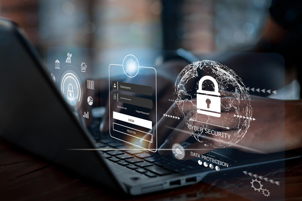 A person types on a laptop with digital graphics overlaying login forms, a globe, a padlock, and icons representing cybersecurity and data protection.