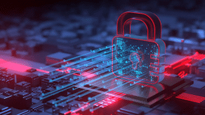 A digital padlock with data streams represents cybersecurity and data protection on a circuit board background.