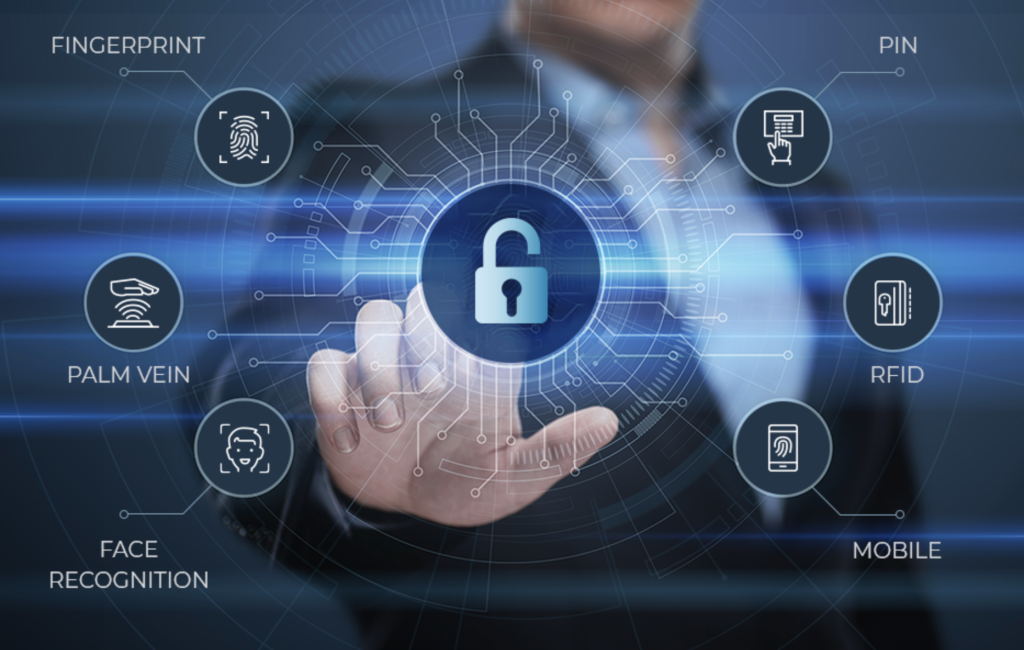 Cybersecurity graphic showing a digital padlock surrounded by fingerprint, PIN, palm vein, RFID, face recognition, and mobile authentication icons.