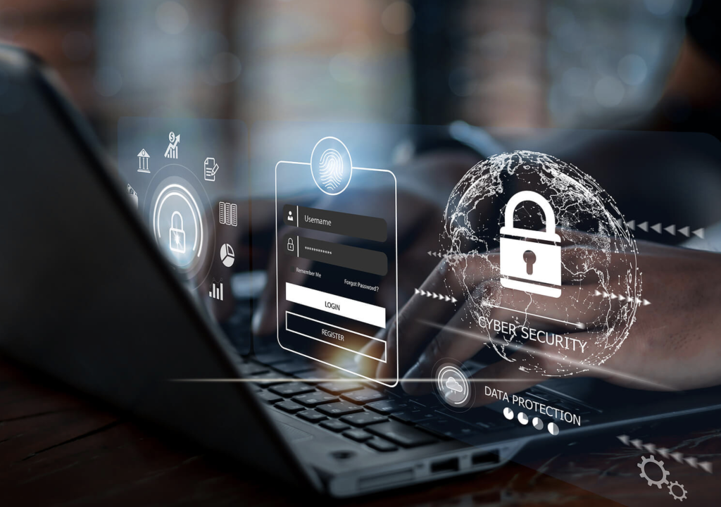 Laptop displaying a cybersecurity login interface with data protection, fingerprint authentication, and a padlock graphic.